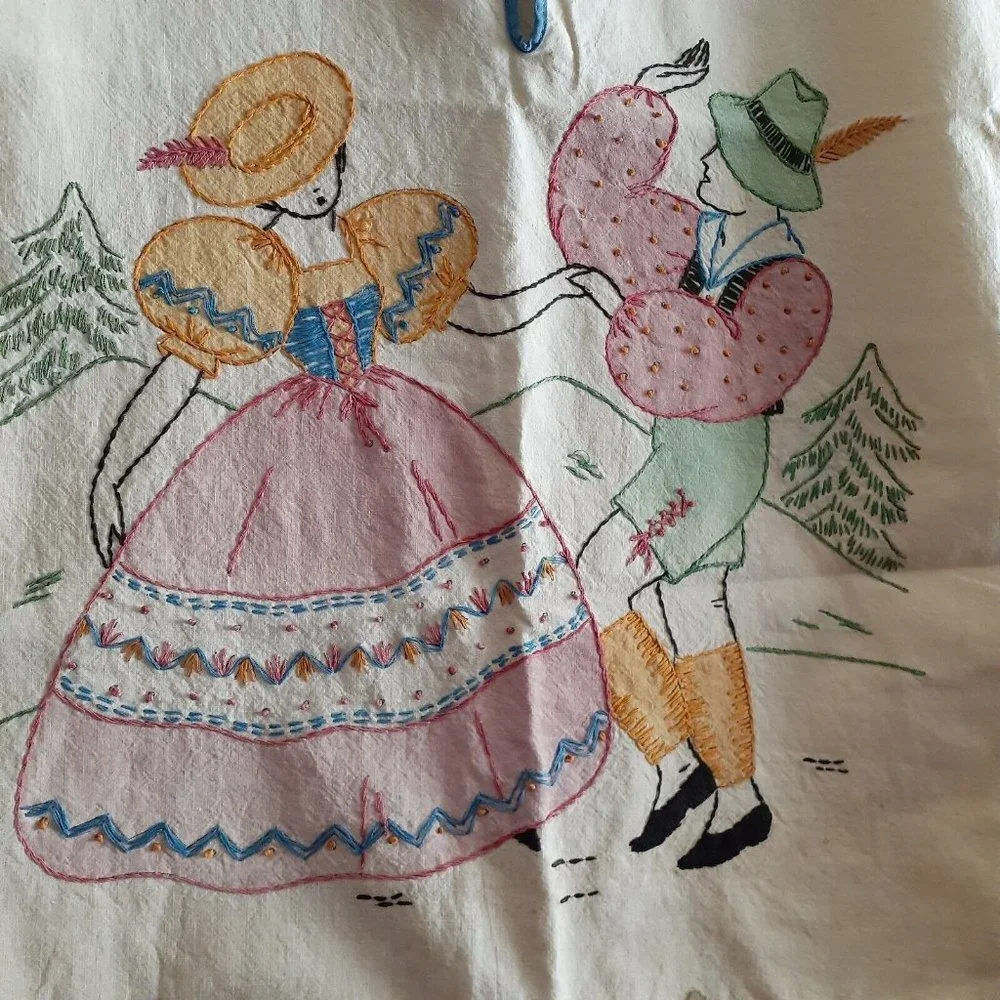 1940's Laundry Bag Embroidered Switzerland Lederhosen Man Corset Dress Lady